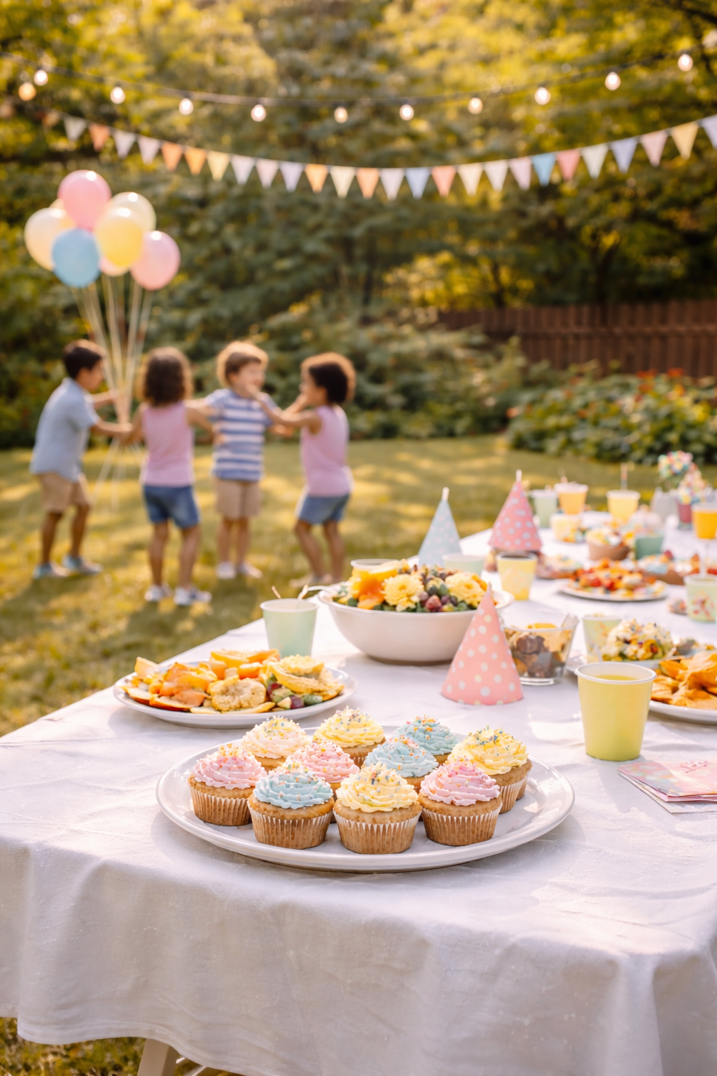 Backyard birthday party table with cupcakes and snacks while children play together on the grass in Colonie, NY