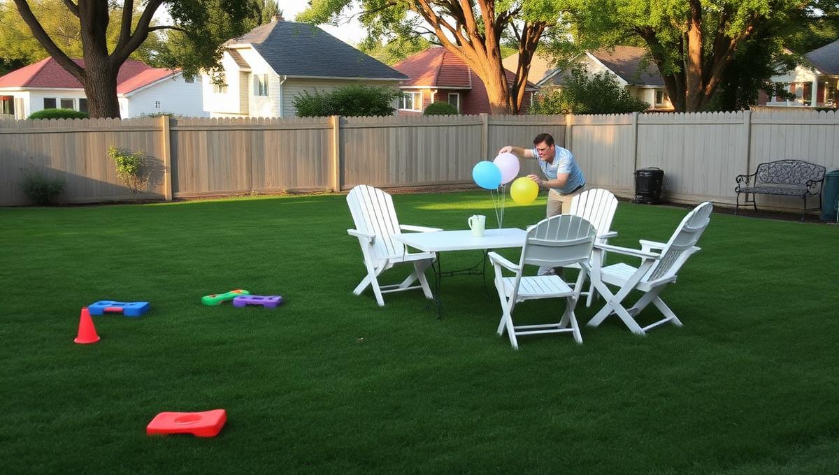 Round table with polka dot plates, pastel cups, flowers, and balloons set up for a backyard birthday party in Colonie NY