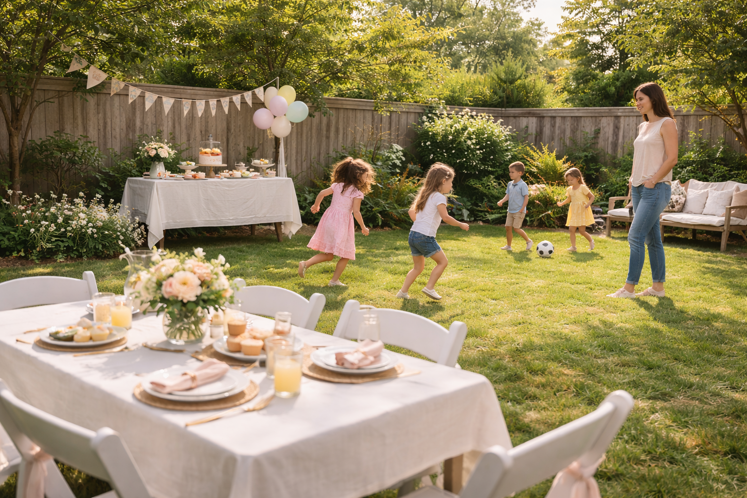 Uncluttered backyard birthday party with minimal decorations, open space for kids playing, and a calm parent observing in soft natural daylight