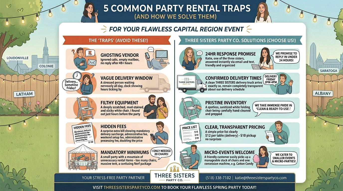 Infographic showing five common party rental traps like ghosting vendors and hidden fees next to Three Sisters Party Co solutions for families in the Capital Region NY