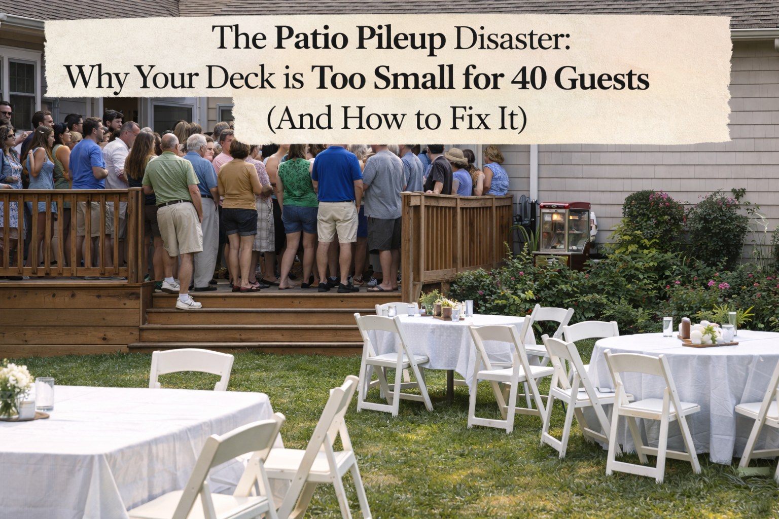 Crowded deck patio pileup vs empty lawn with white resin chairs at a Capital Region NY graduation party