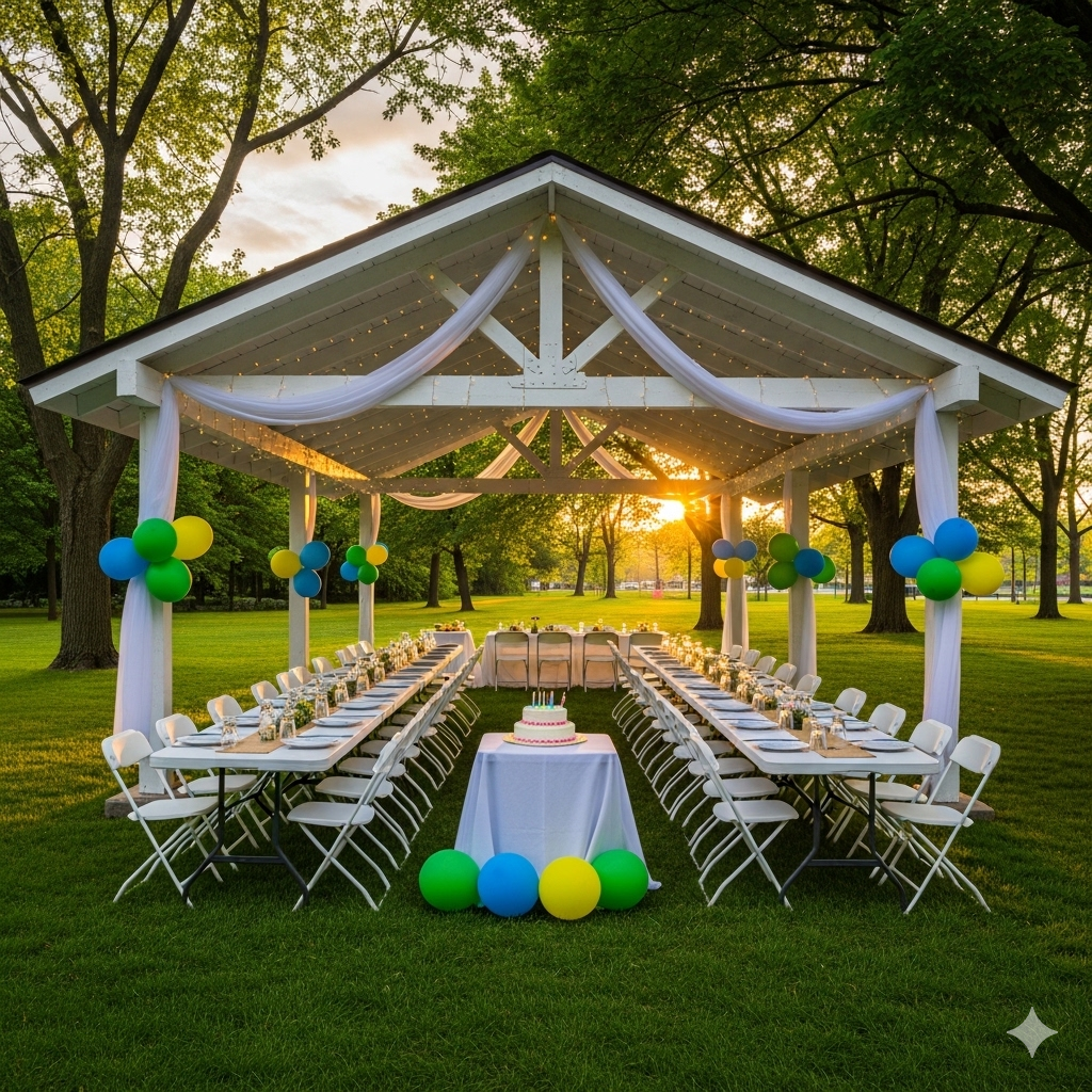 A beautiful outdoor pavilion party setup in a lush green park with white folding tables and chairs ready for a celebration in Colonie, NY