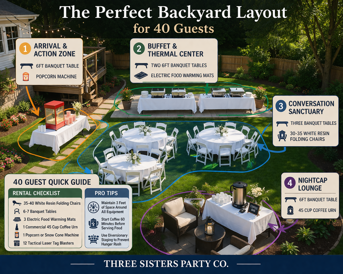 The perfect backyard layout for 40 guests showing four strategic zones for party planning in the Capital Region NY