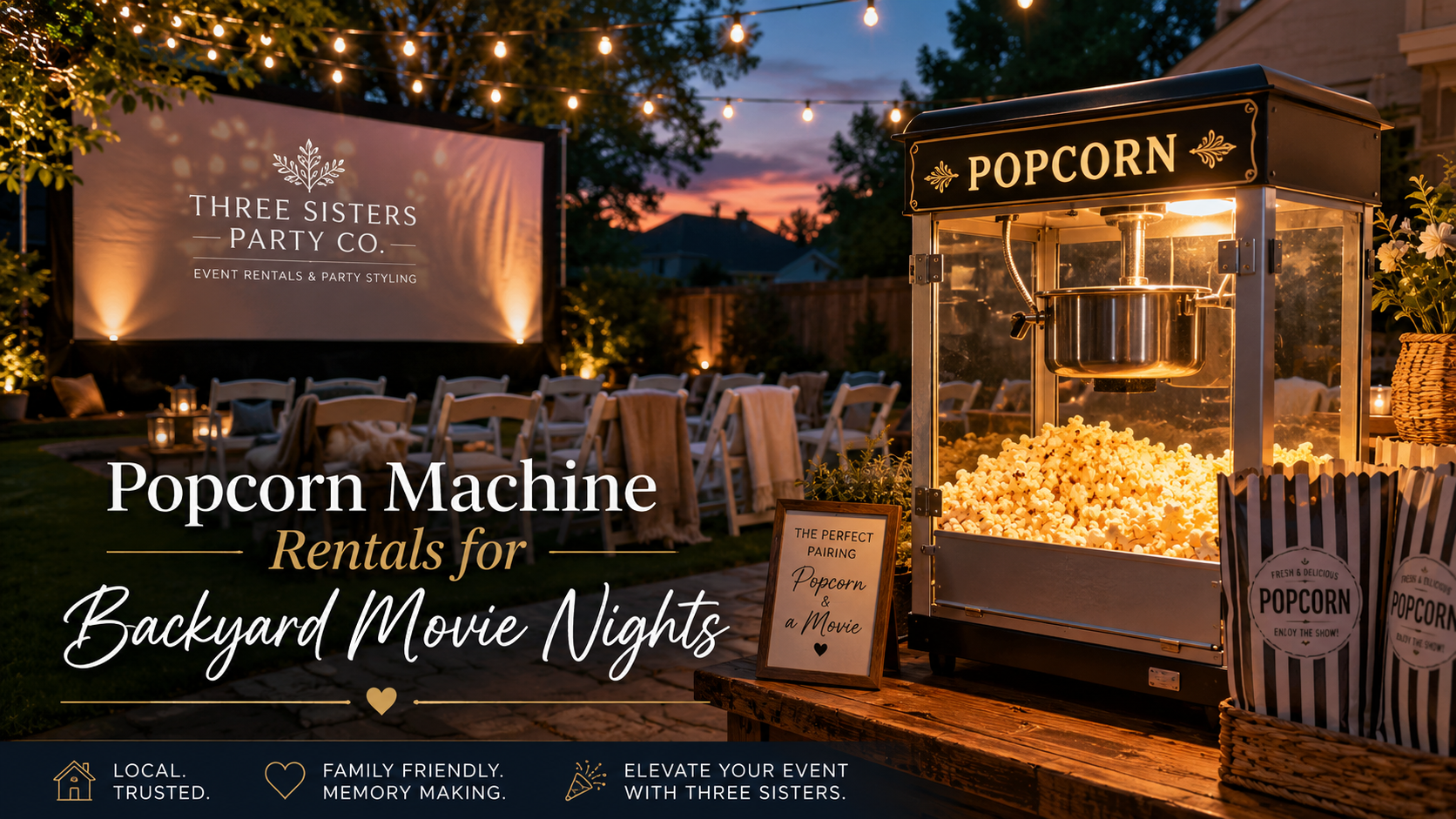 Popcorn machine rental beside an outdoor movie screen and white folding chairs in a Saratoga NY backyard at dusk
