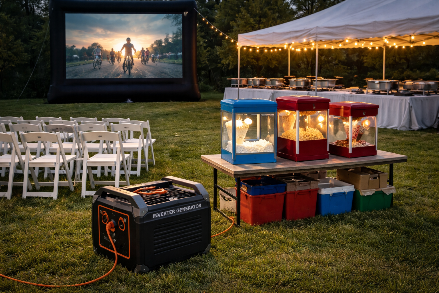 Quiet inverter generator powering commercial popcorn machines and inflatable movie screen with white folding chairs at a backyard party in the Capital Region, NY