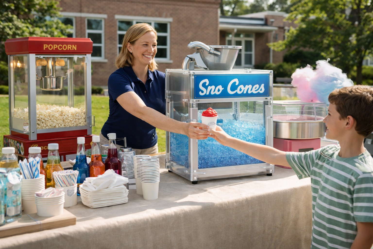 PTA volunteer serving a fresh snow cone to a smiling student at a Capital Region school fair, with a professional popcorn machine and cotton candy station set up on the concession table