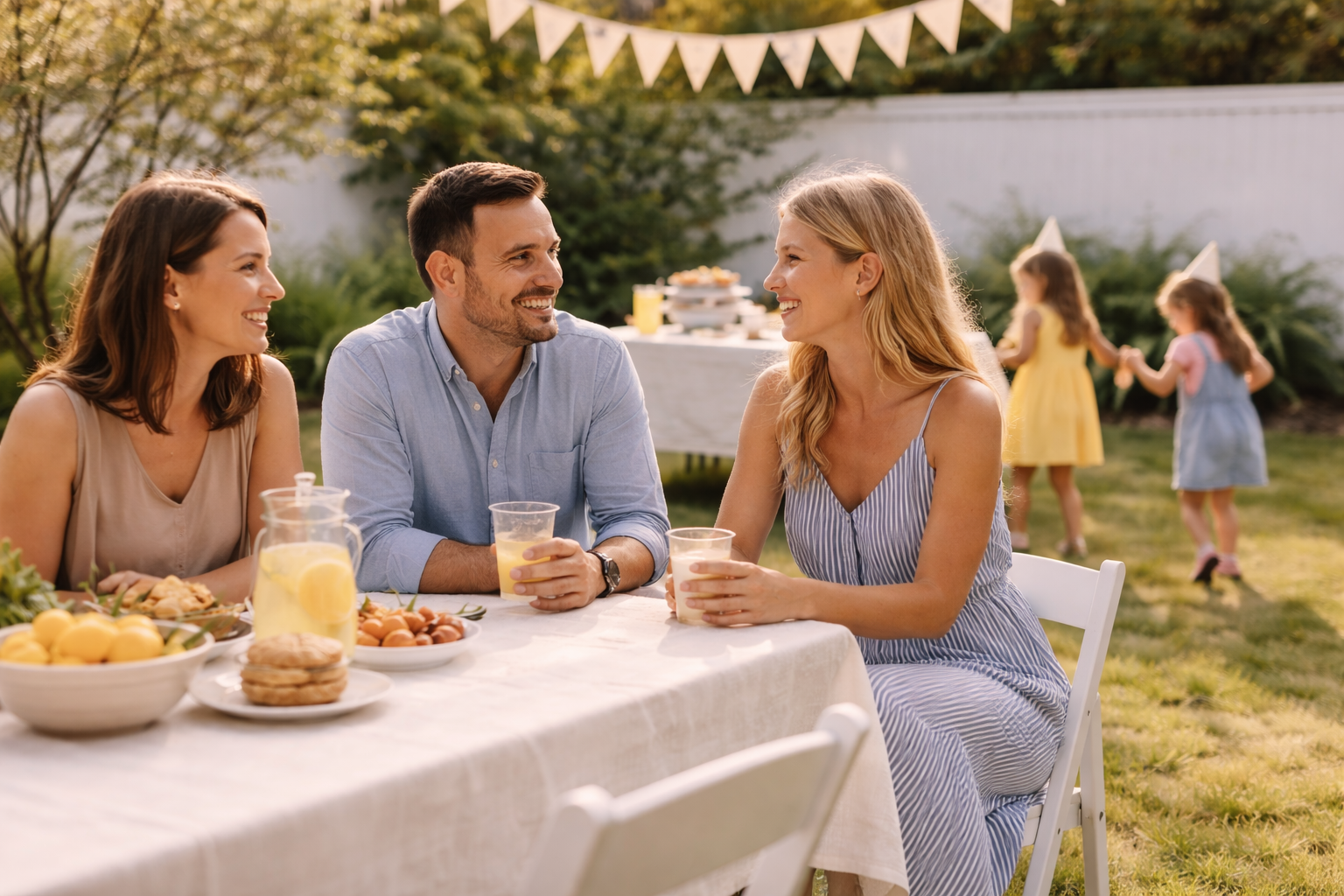 Adults sitting comfortably at a backyard birthday party while children play nearby in soft natural light