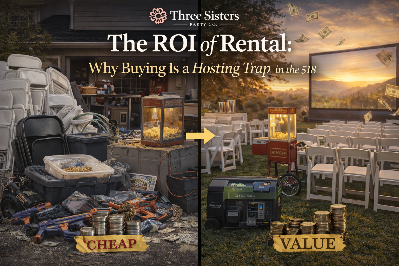 Split comparison showing cheap DIY party equipment versus professional Three Sisters Party Co. rental setup with popcorn machine, white resin chairs, movie screen, and generator in the Capital Region NY