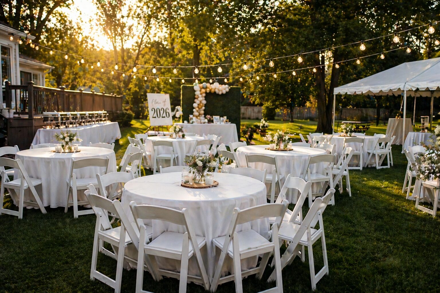 White resin folding chairs arranged in conversation pods at a Capital Region graduation party