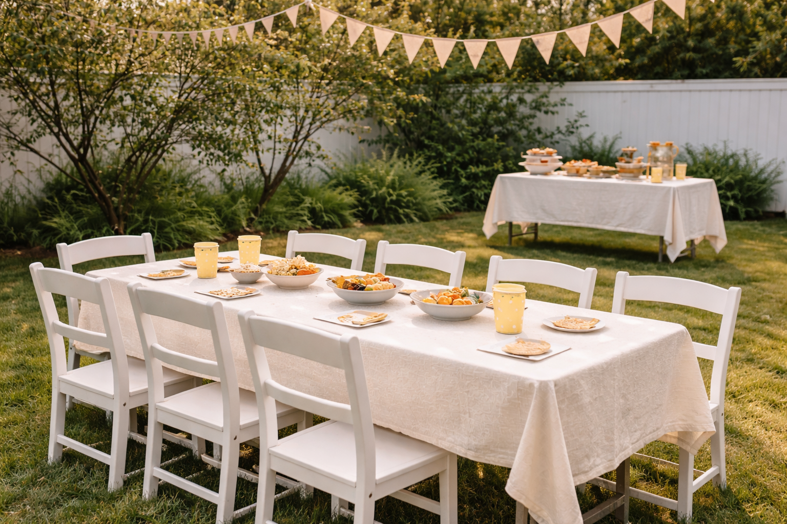 Organized backyard birthday party setup with white tables and chairs, snack table in the background, and clear walking space in natural light