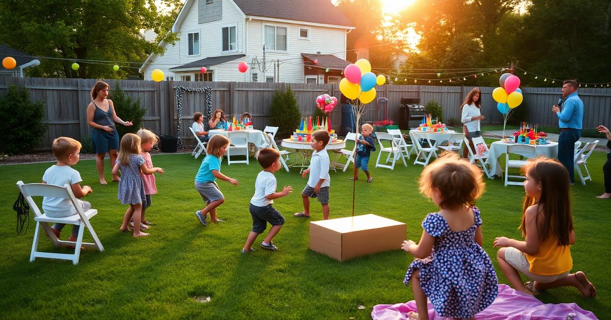 Children playing lawn games at a backyard birthday party with white folding chairs, tables, colorful balloons, string lights, and parents gathered nearby in the Town of Colonie, NY