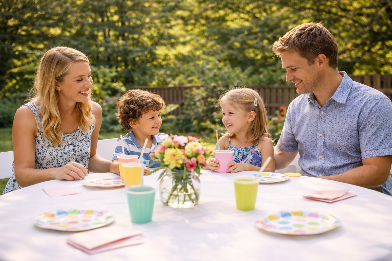 Family sitting together at an outdoor table during a backyard birthday party in Colonie, NY