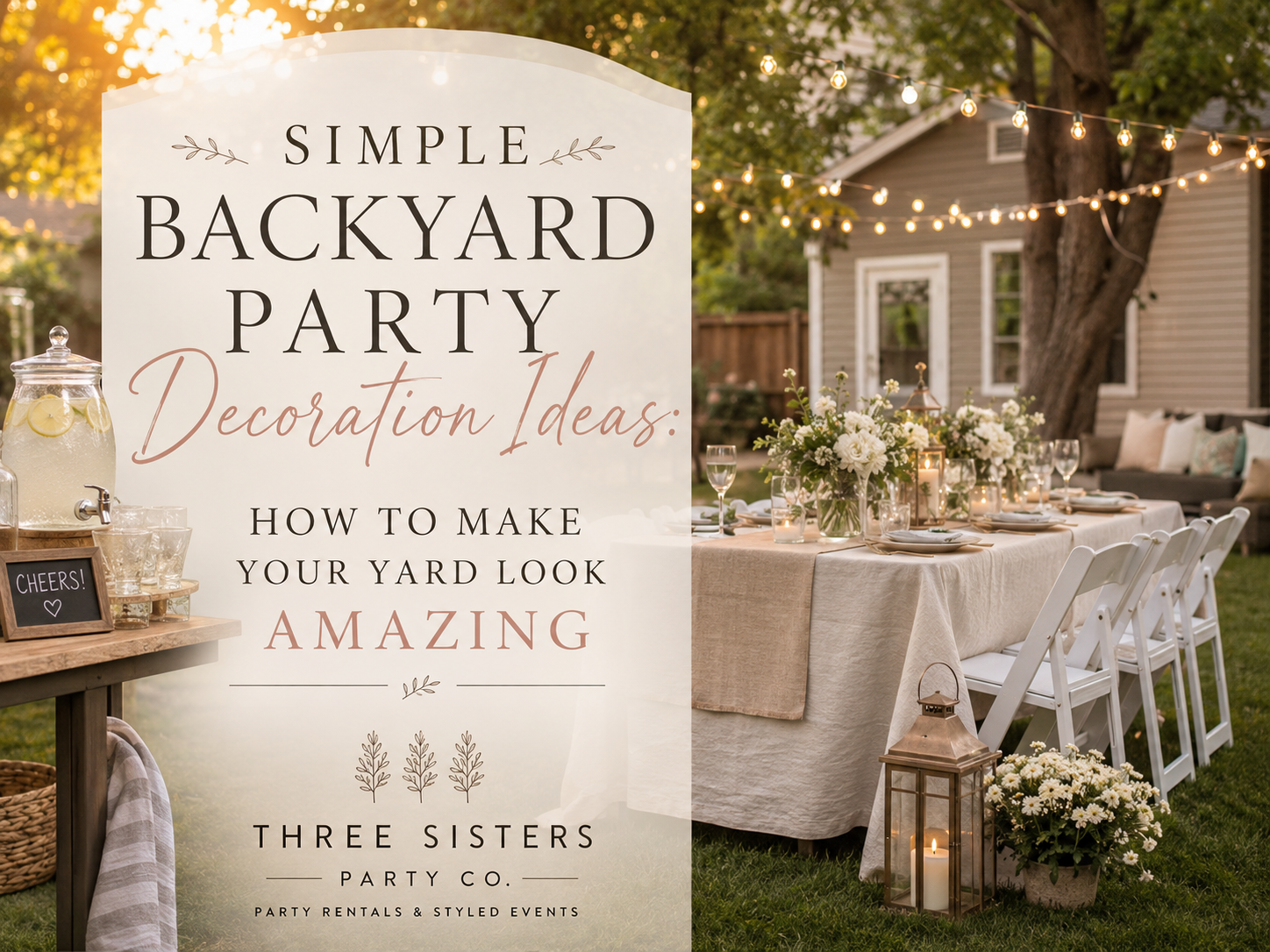 Simple backyard party decoration ideas with string lights, white floral centerpiece, lanterns, and a styled tablescape by Three Sisters Party Co.