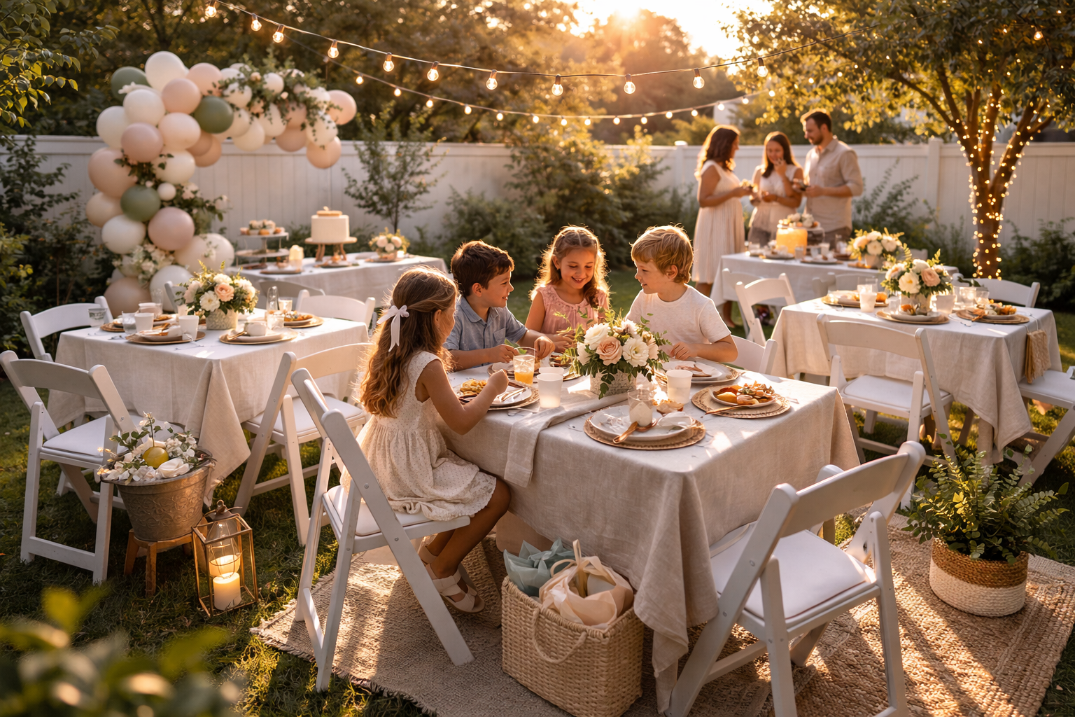 Simple and elegant backyard birthday setup with coordinated balloons and clean white tables
