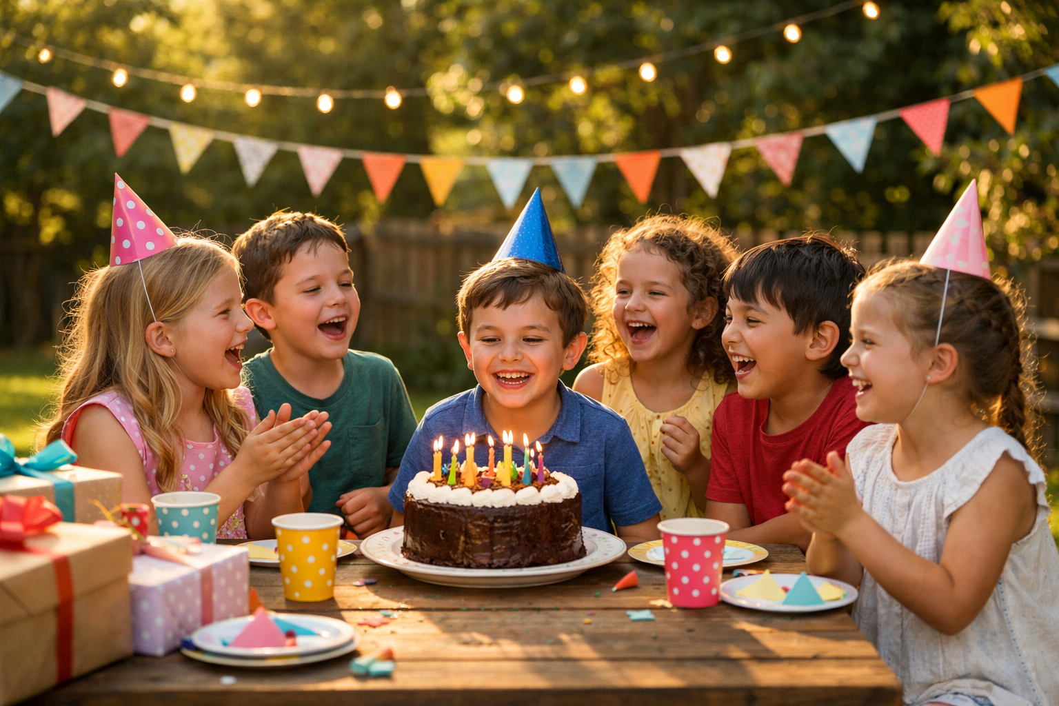Girls laughing together around a simple birthday party table in soft natural light