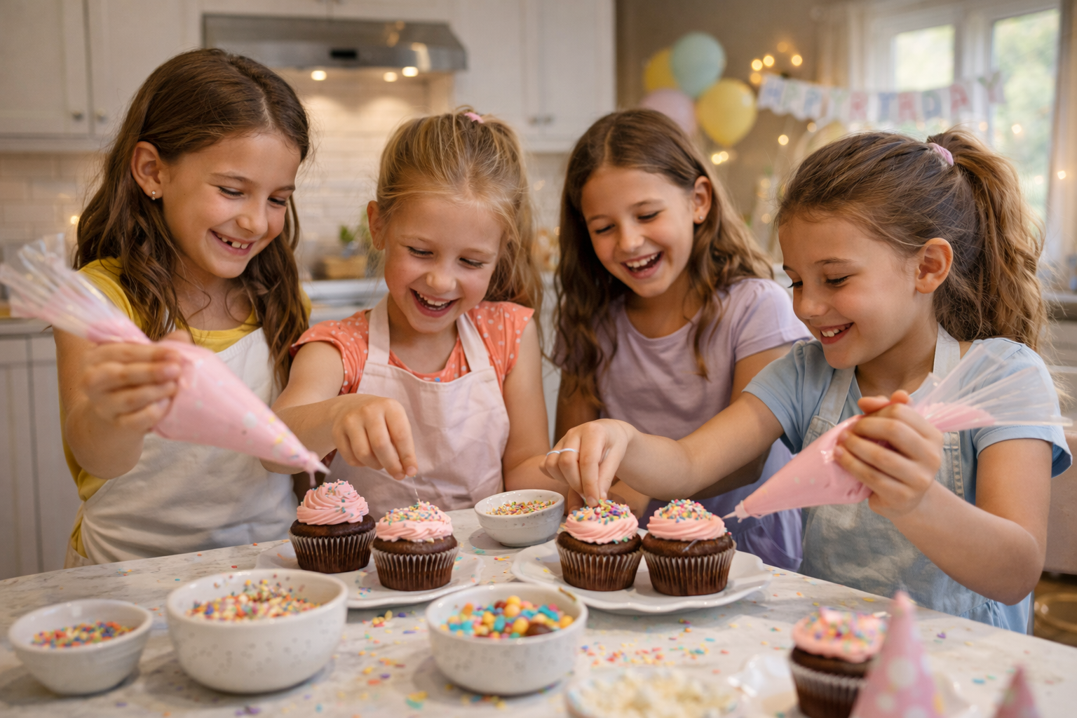 Girls decorating cupcakes together at a simple indoor birthday party