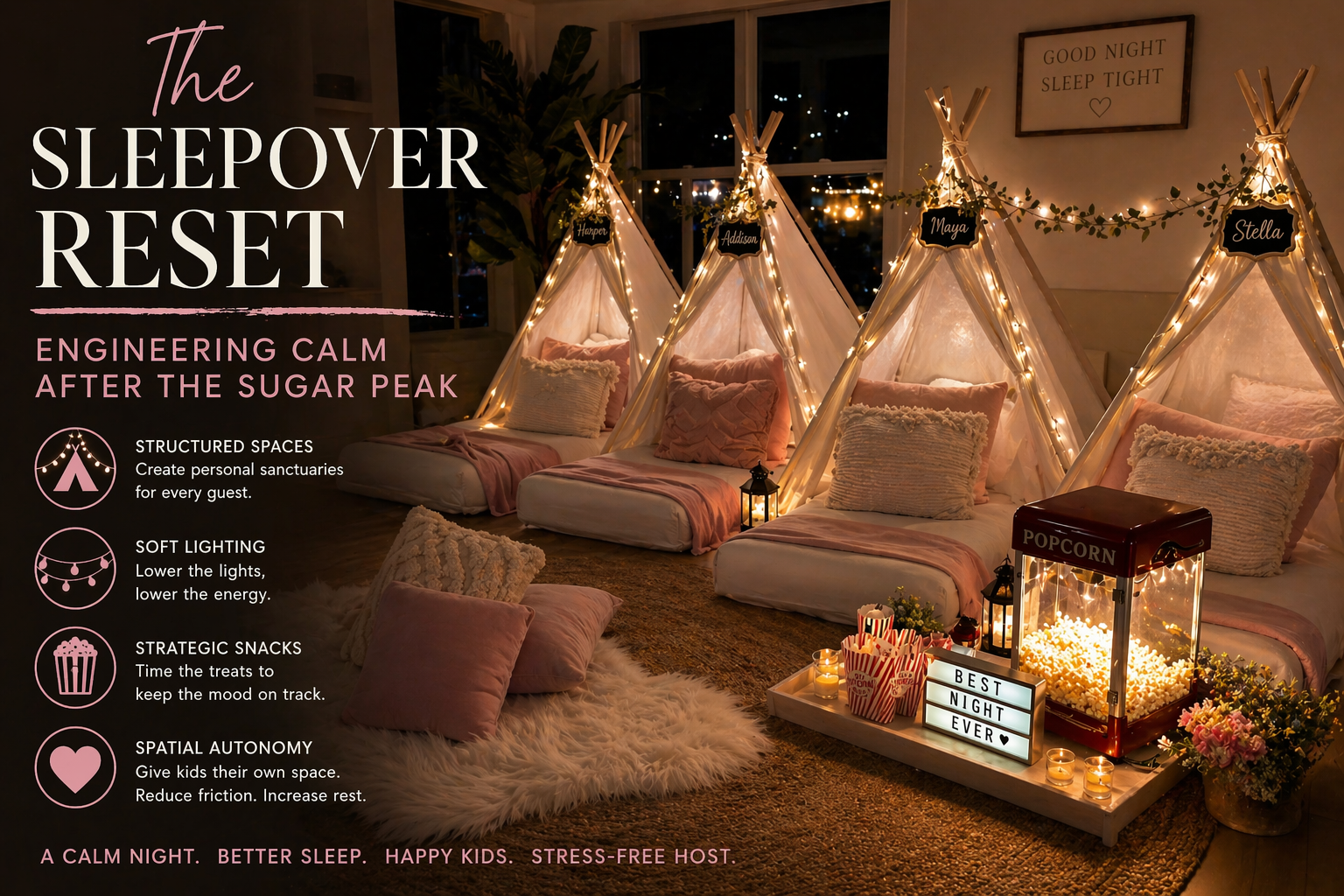 Indoor Village sleepover setup with four named teepee tents, fairy lights, blush bedding, and a popcorn concession node for a Capital Region boutique slumber party