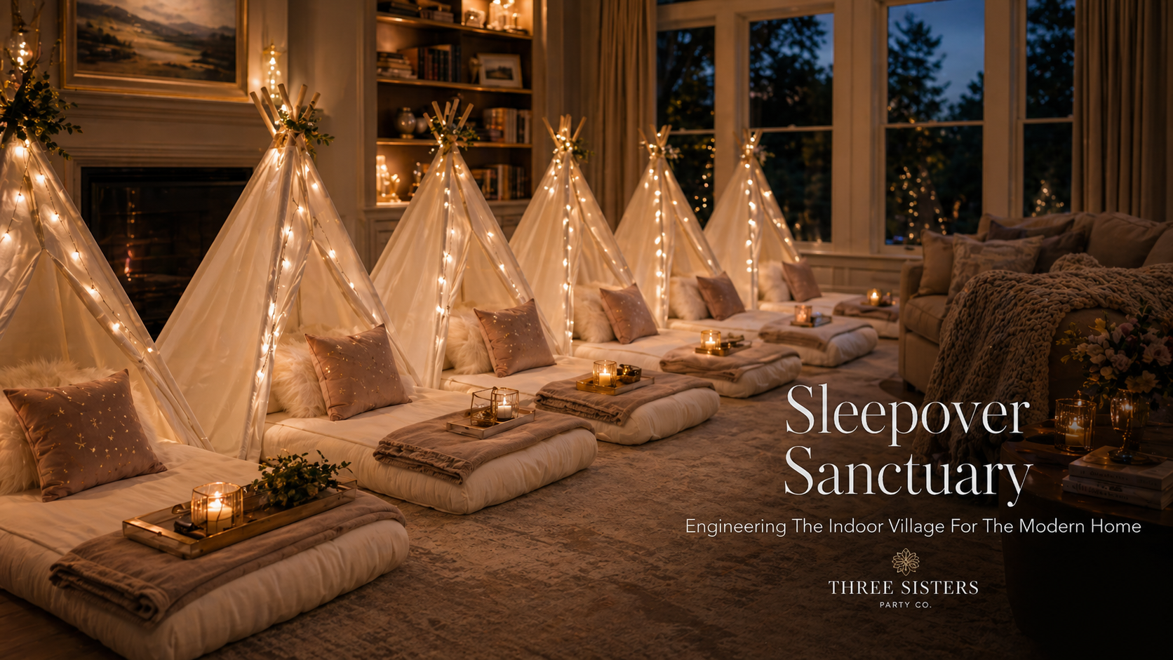 Indoor sleepover tent rental setup with white teepee tents, soft bedding, and string lights for a kids party in the Capital Region NY