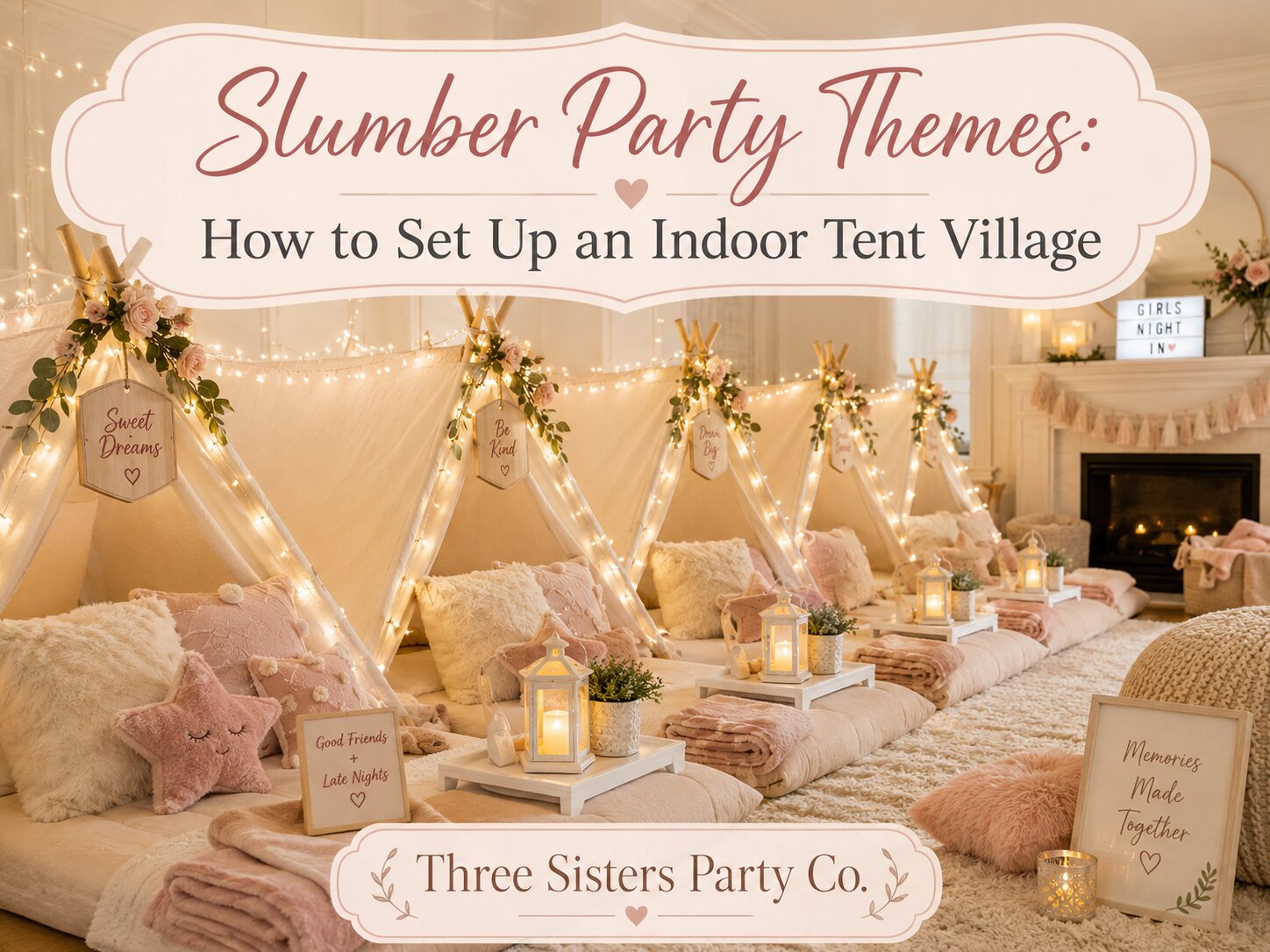 Indoor teepee tent village setup with fairy lights, pink pillows, and lanterns for a slumber party in the Capital Region