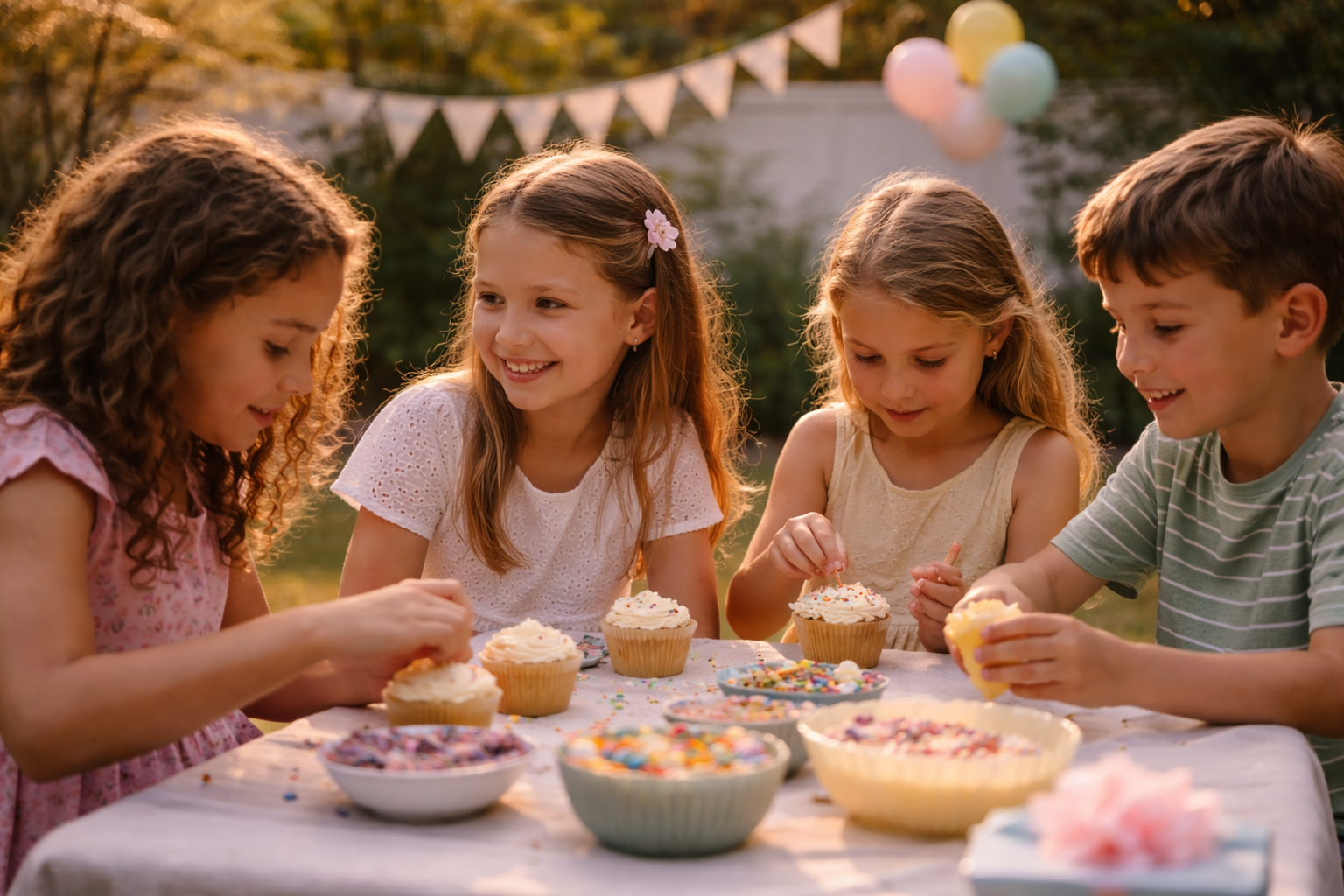 Four children decorating cupcakes together at a small backyard birthday party in warm afternoon light in Colonie, NY