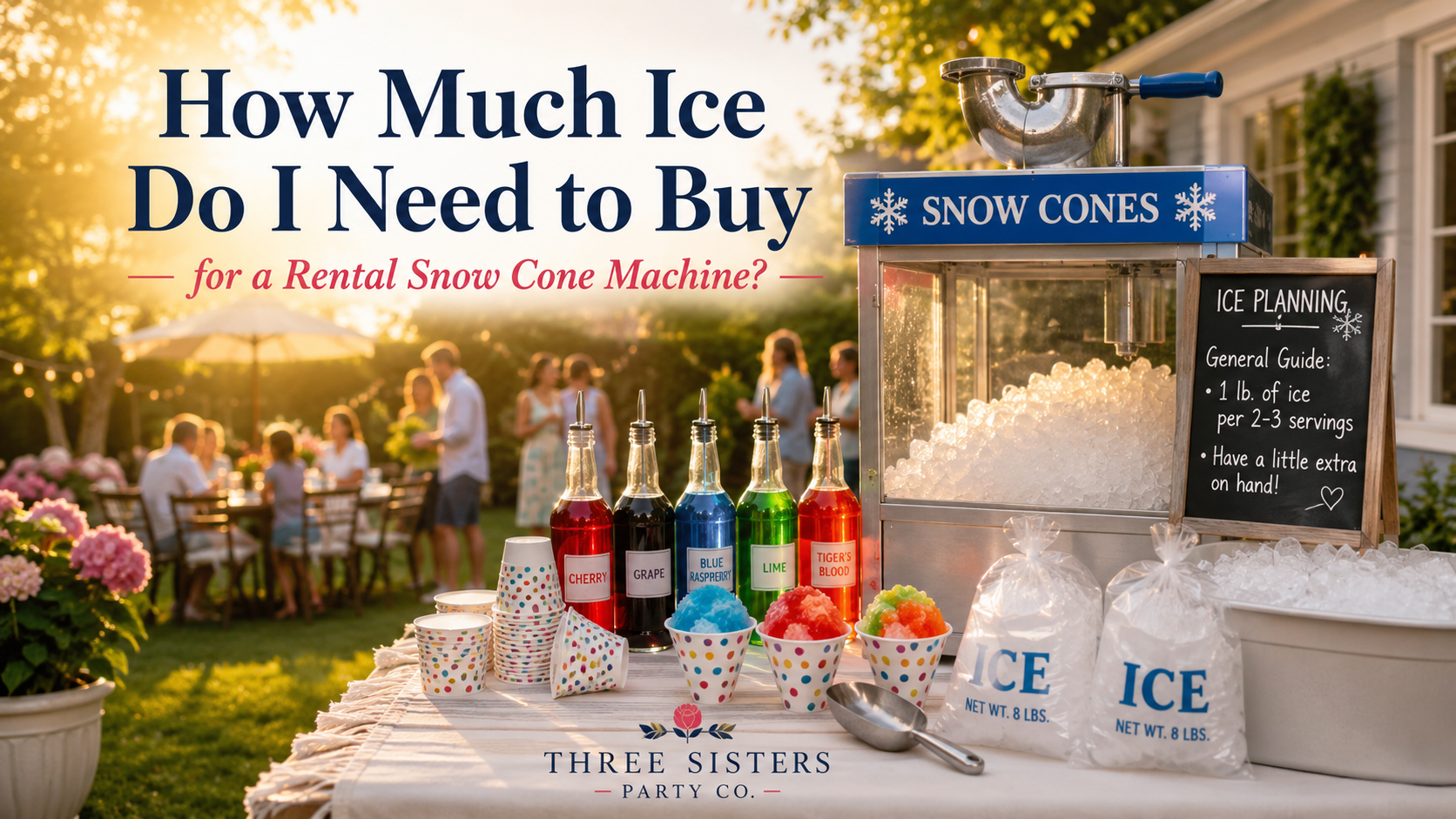 Backyard snow cone machine rental setup with colorful syrups, paper cones, and bags of ice for a Capital Region party