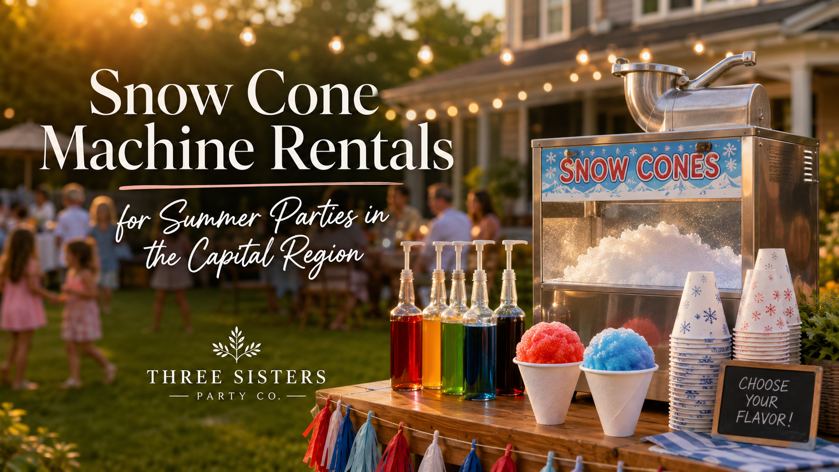 Snow cone machine rental with colorful syrups and snow cones on a backyard table at a summer party in Saratoga NY