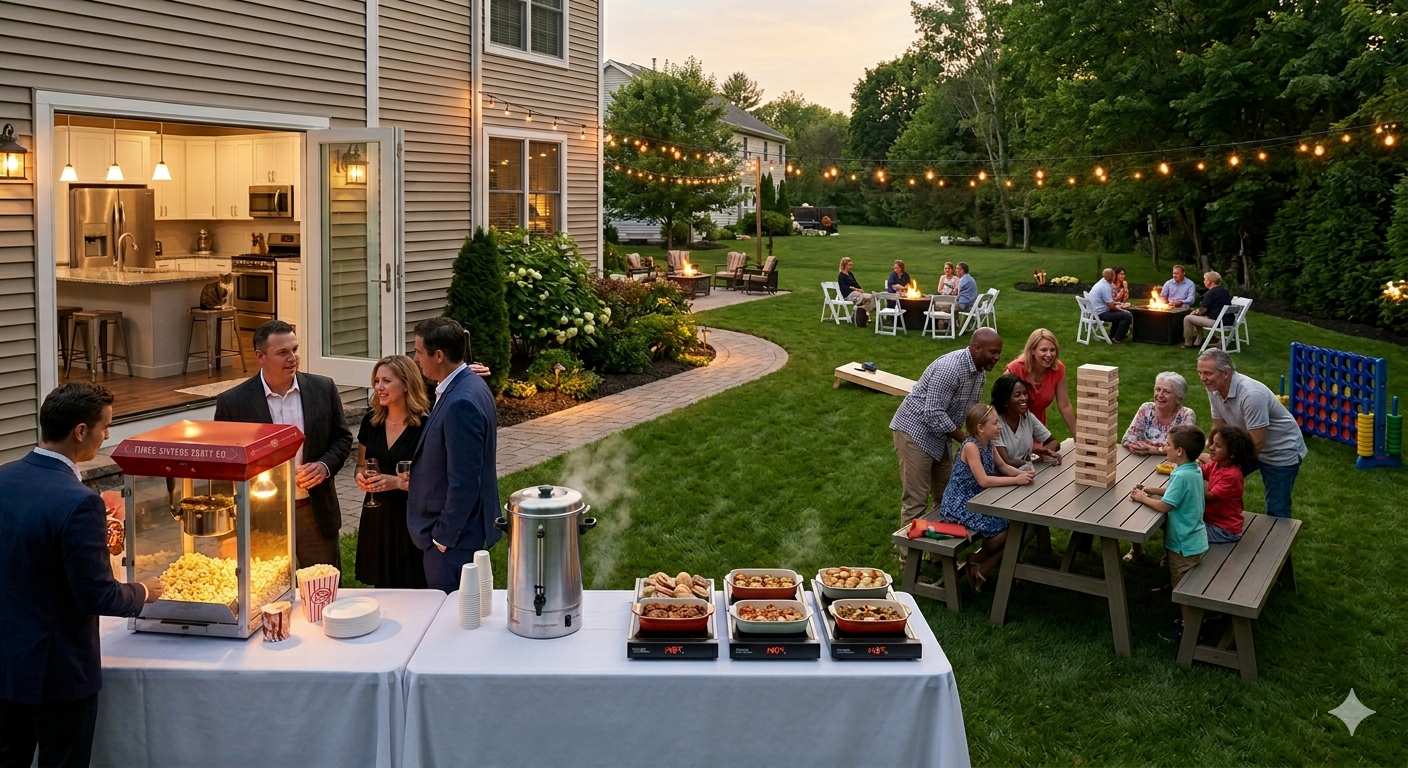 Backyard party with popcorn machine, coffee urn, warming mats, Giant Jenga, and Connect Four breaking the kitchen magnet in the 518 Capital Region