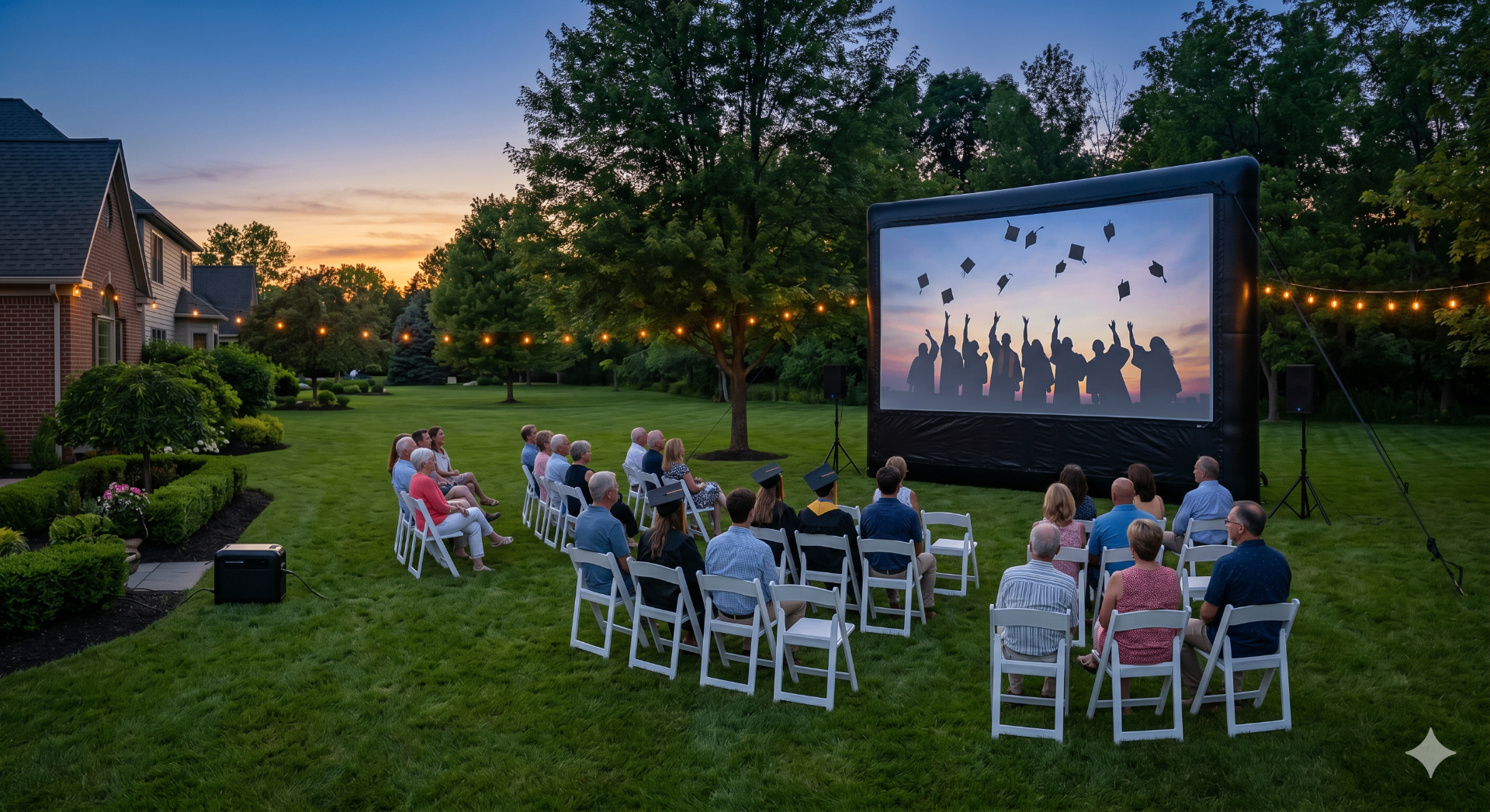 Outdoor graduation movie night with 20 ft movie screen, white resin chairs, and popcorn machine in a Capital Region backyard NY