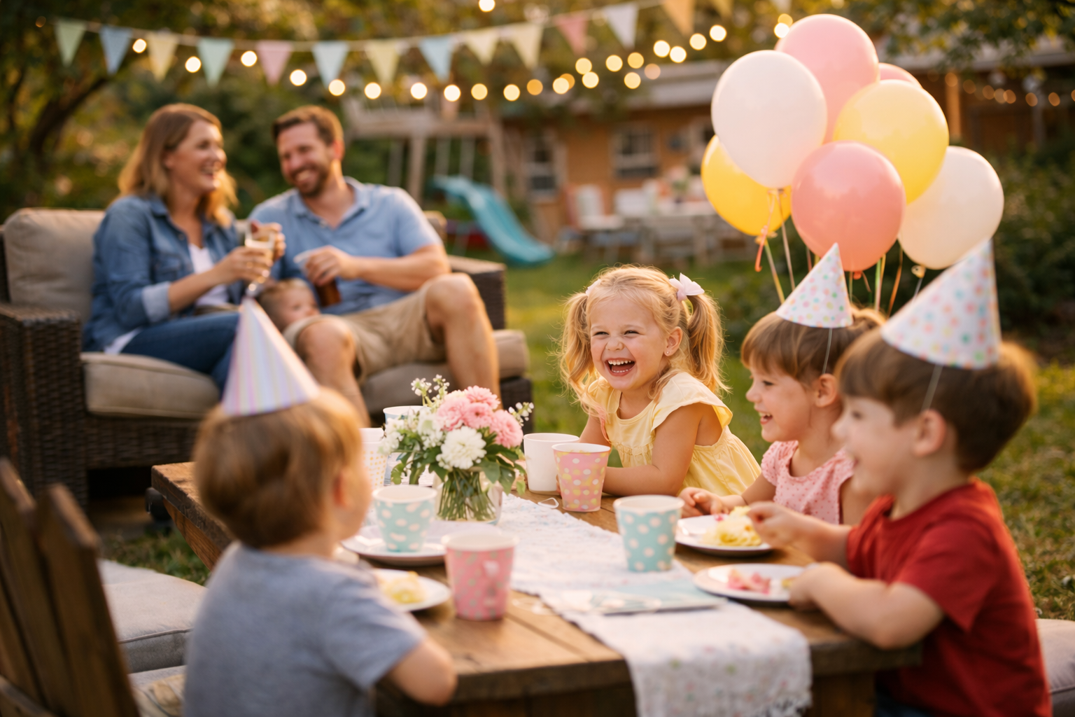 Mom relaxing while kids enjoy a stress-free birthday party at home in Colonie, NY