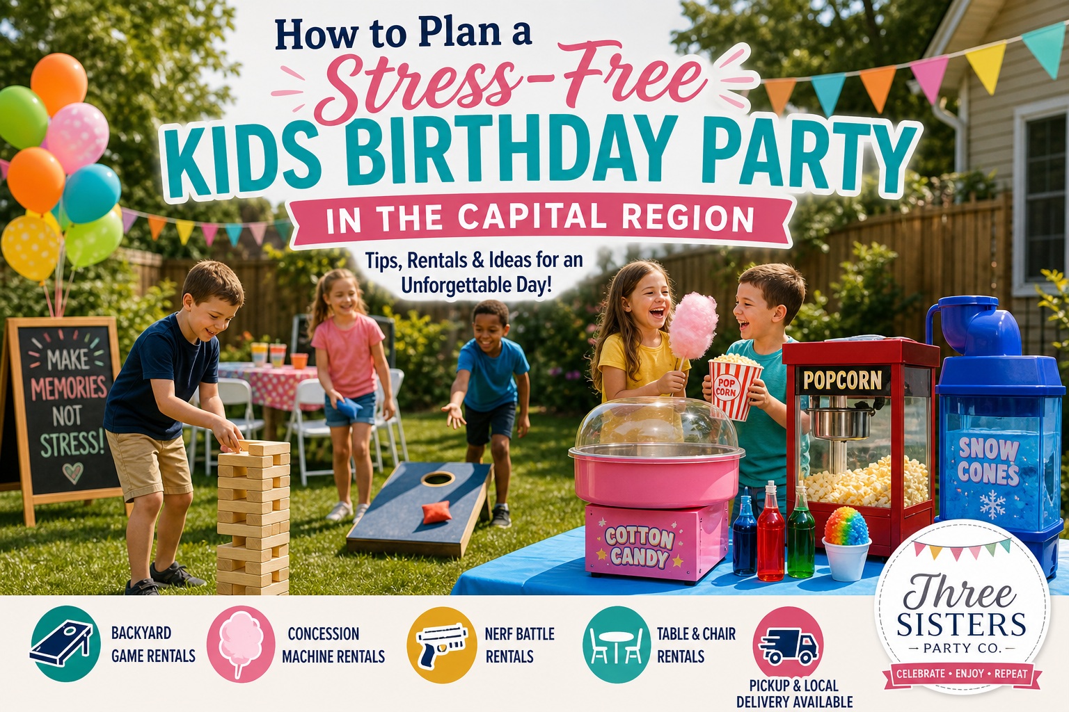 Family hosting a stress free kids birthday party in a Capital Region backyard with rental tables, yard games, and a concession machine