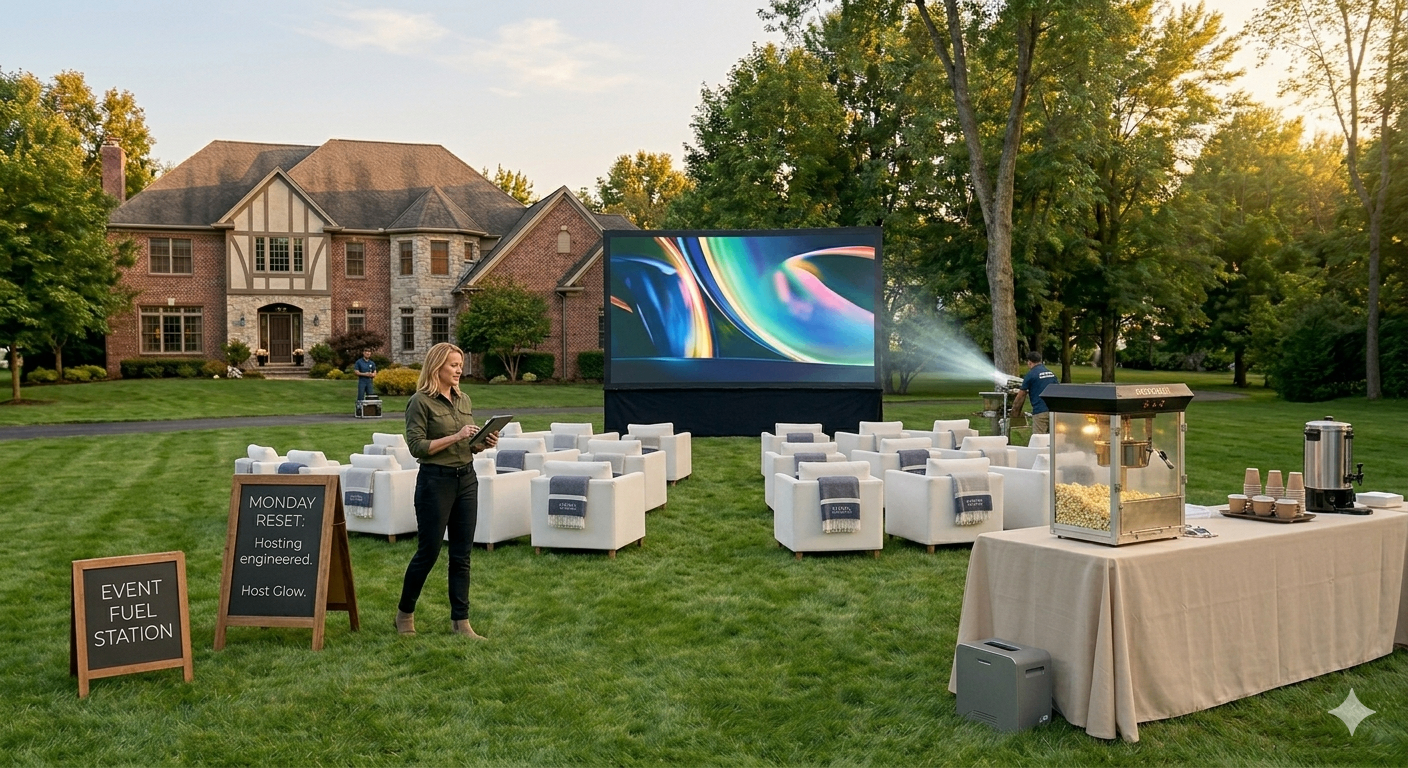 Outdoor backyard cinema setup with white lounge chairs, popcorn machine, coffee urn, and host with tablet in front of a Capital Region NY home