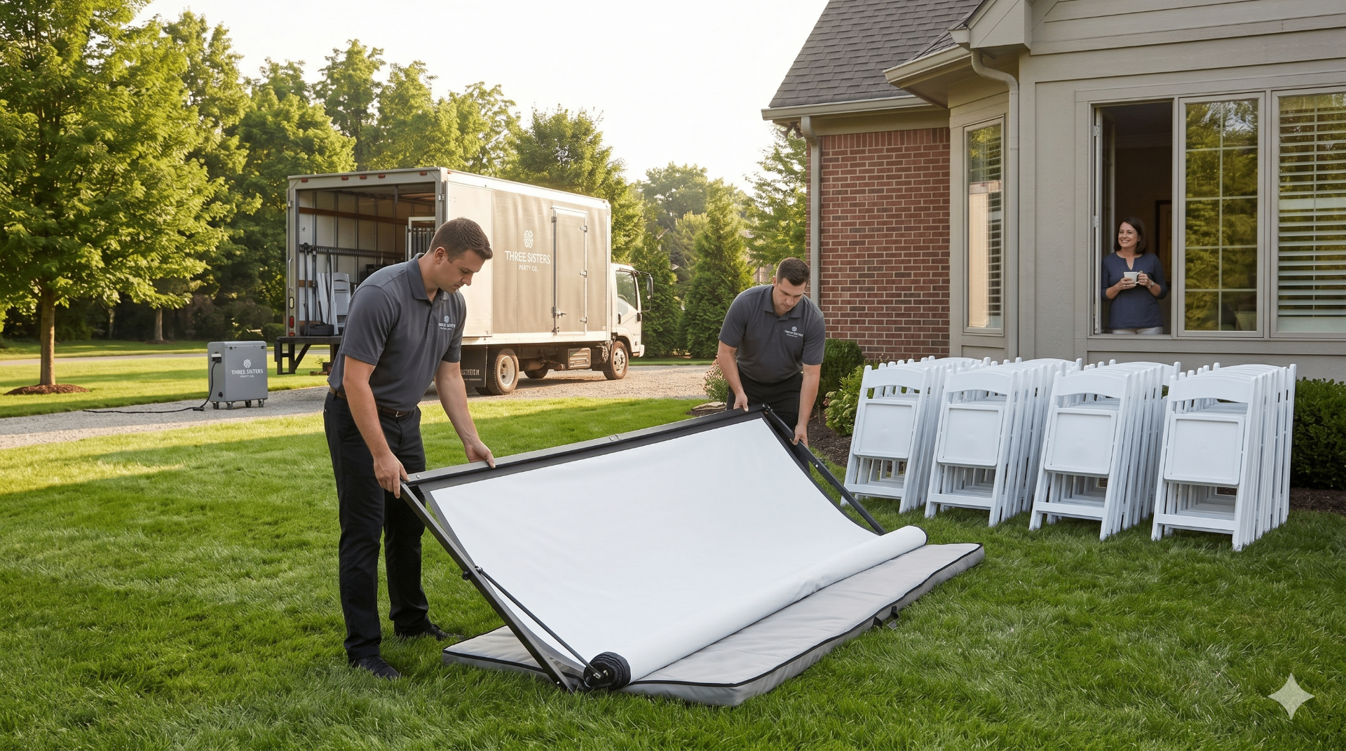 Three Sisters Party Co. team performing the Sunday Reset strike, packing up a large outdoor cinema screen and stacks of white resin chairs at a Capital Region home