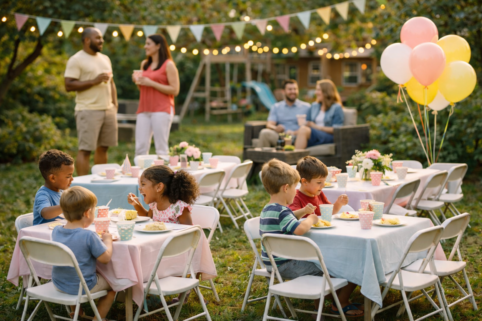 Folding tables and chairs arranged for a kids birthday party in a backyard in Colonie, NY