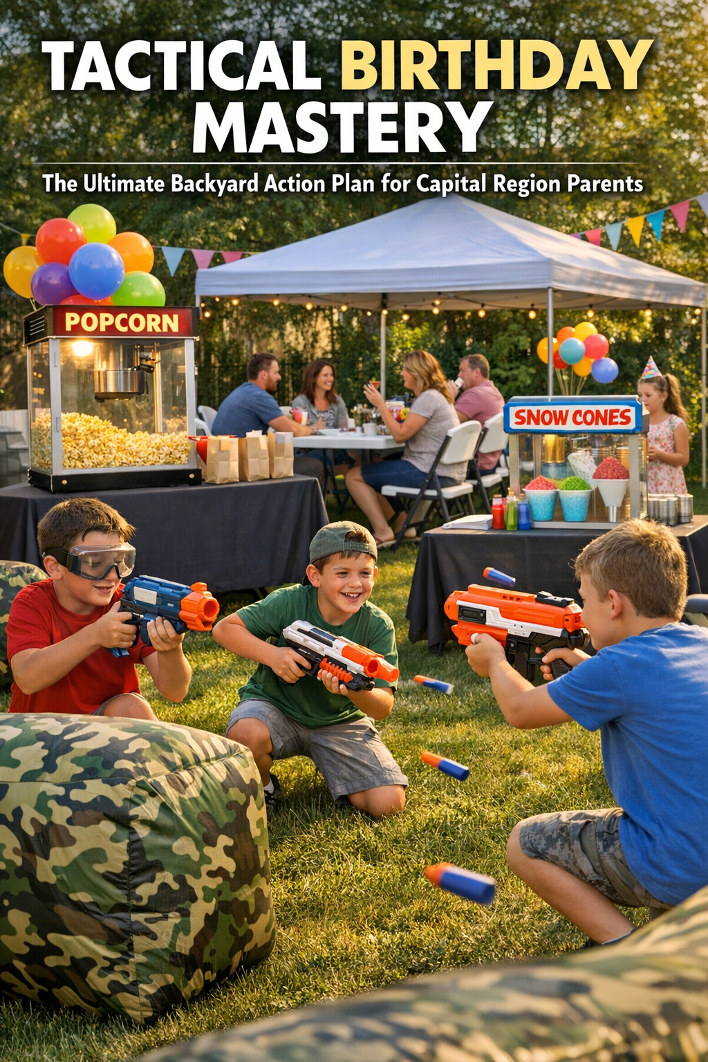 Kids enjoying a Nerf battle birthday party with popcorn and snow cone machines in a Capital Region NY backyard