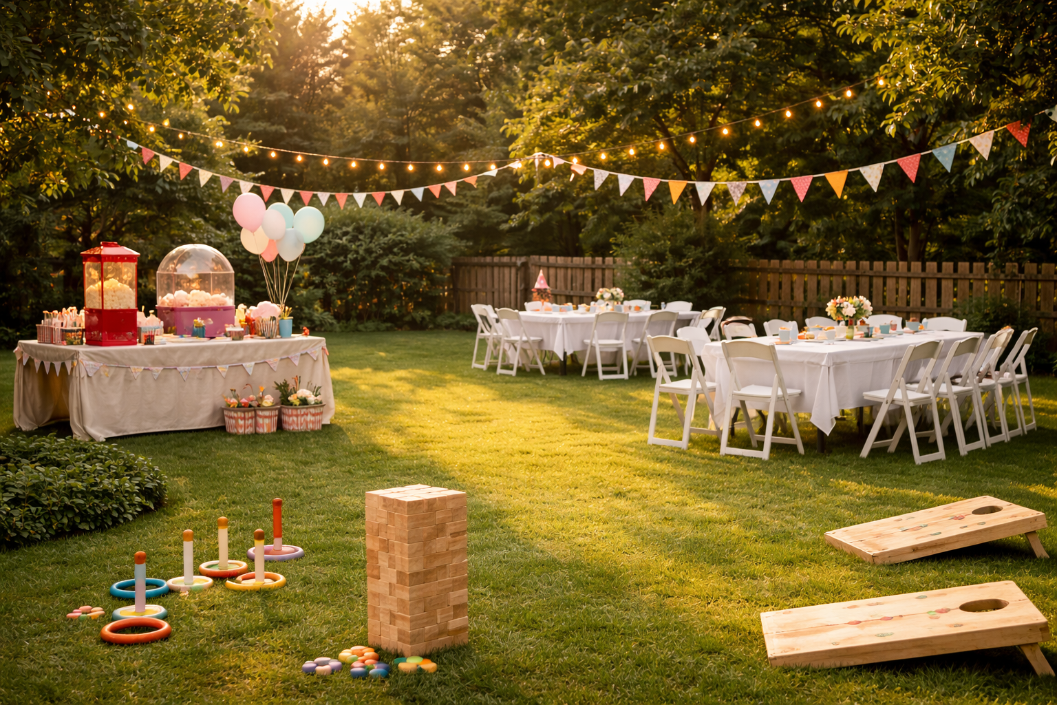 Backyard birthday party with zoned layout including games, seating, and dining areas in Colonie, NY