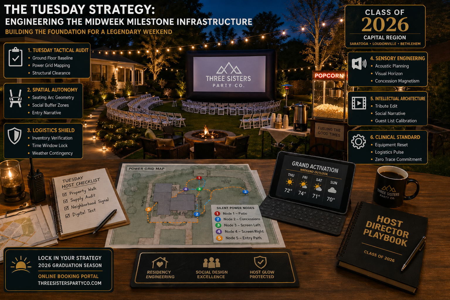 Tuesday Strategy infographic for engineering midweek milestone infrastructure for Class of 2026 graduation parties in Saratoga, Loudonville, and Bethlehem