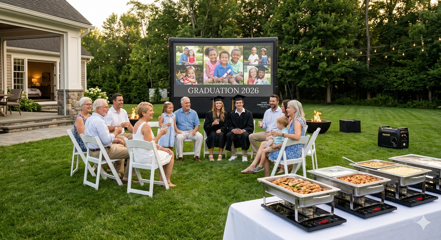 Backyard graduation party with outdoor movie screen, white resin chairs, and warming mats in Bethlehem, NY