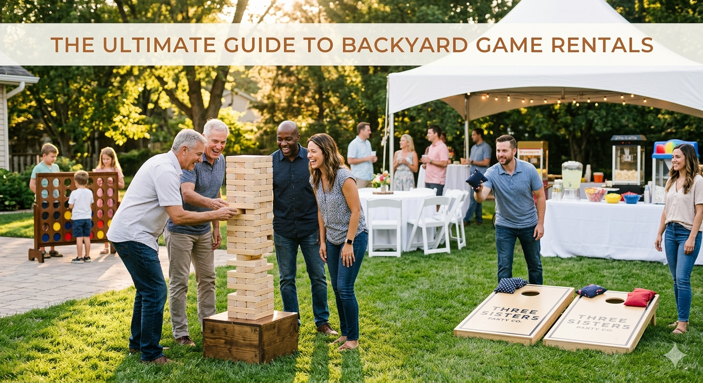 Adults laughing while playing giant Jenga and cornhole on a green lawn with a white tent, tables, and a Connect Four game in the background in Colonie NY