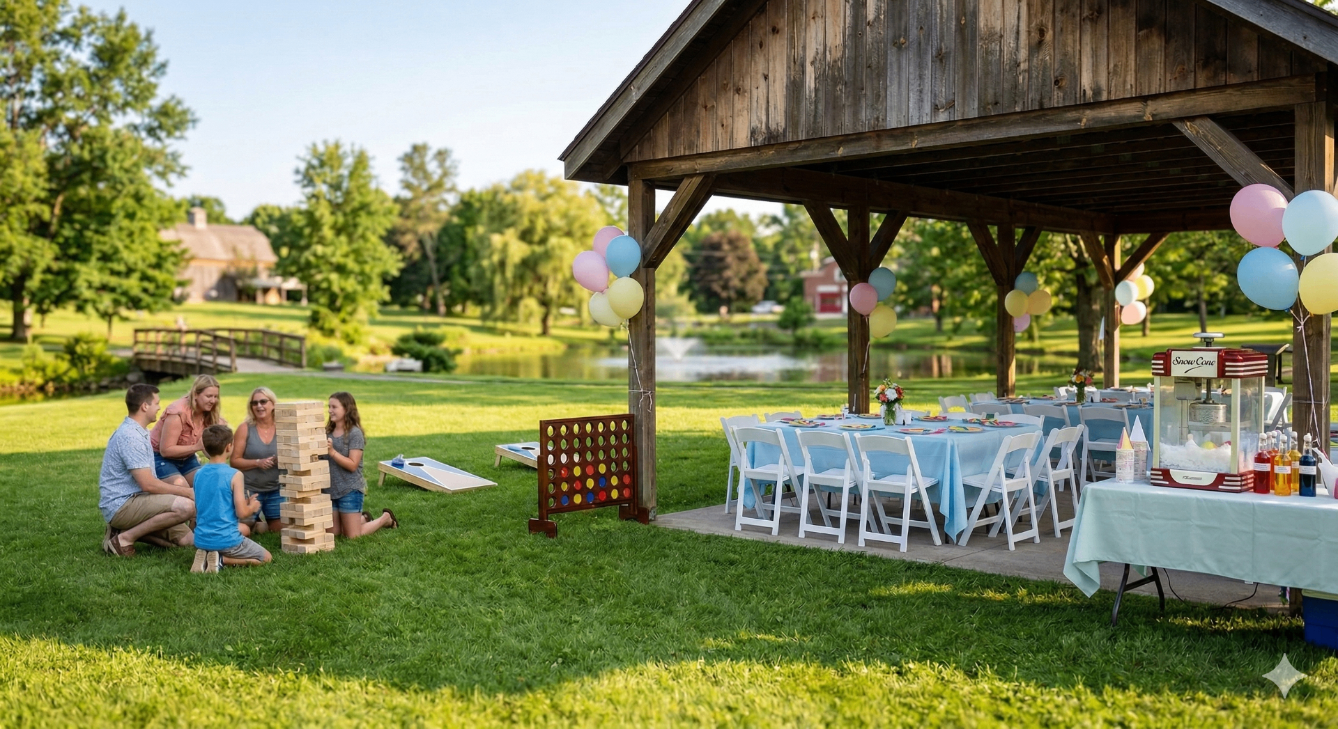 Outdoor party setup under a wooden pavilion at The Crossings of Colonie with white folding chairs, tables, lawn games, a snow cone machine, and pastel balloons on a green lawn near the pond