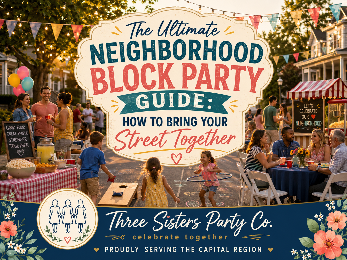 Capital Region neighborhood block party with banquet tables, cornhole, popcorn stand, and folding chairs on a tree-lined street