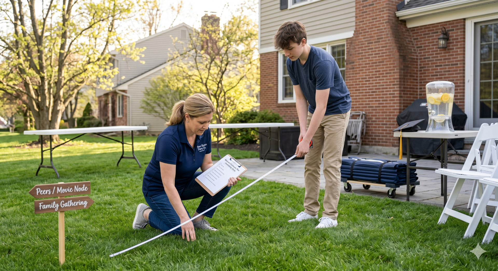 Three Sisters Party Co. team measuring backyard graduation party layout in Capital Region NY