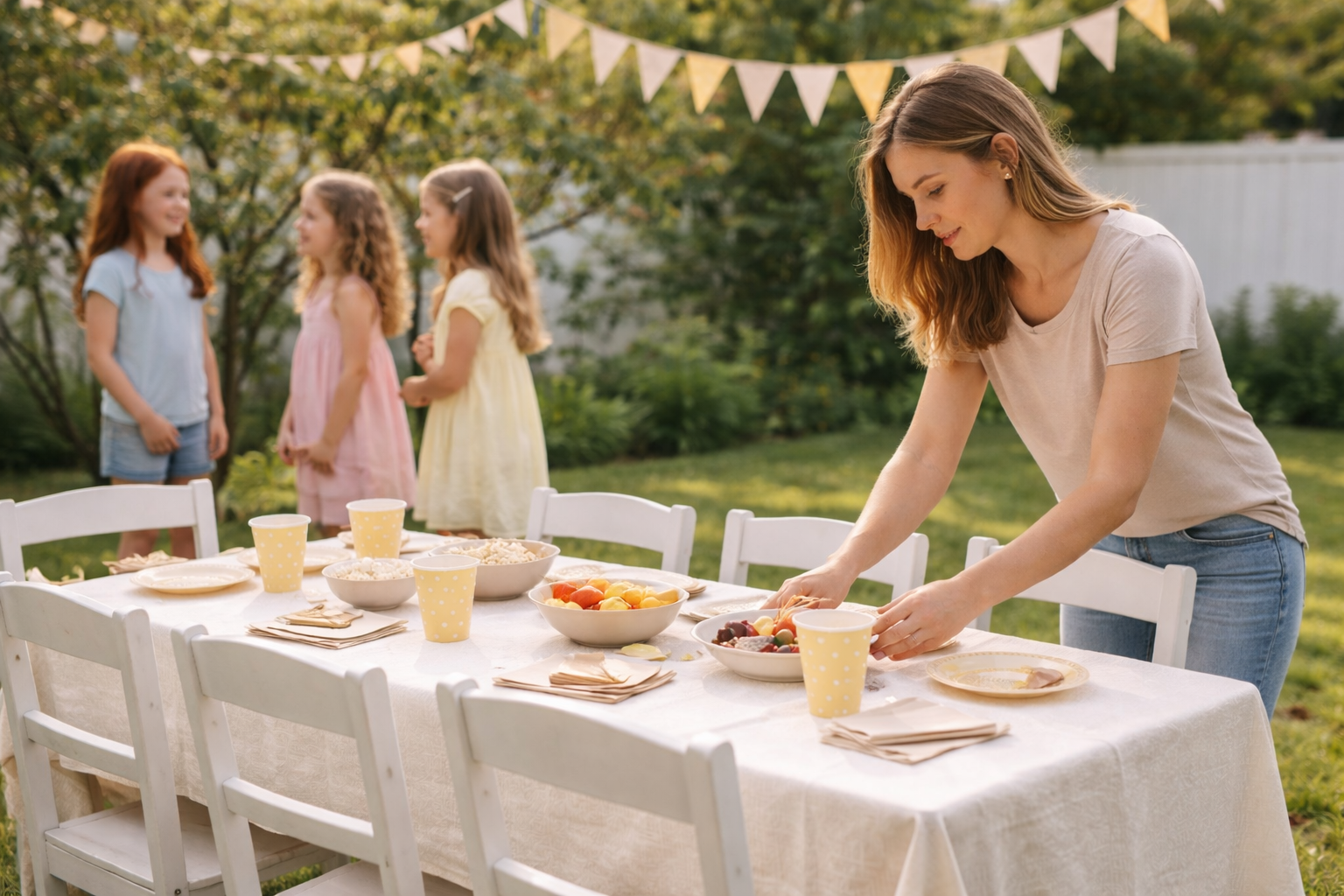 Mother setting up a simple outdoor birthday party table while girls talk nearby in the background