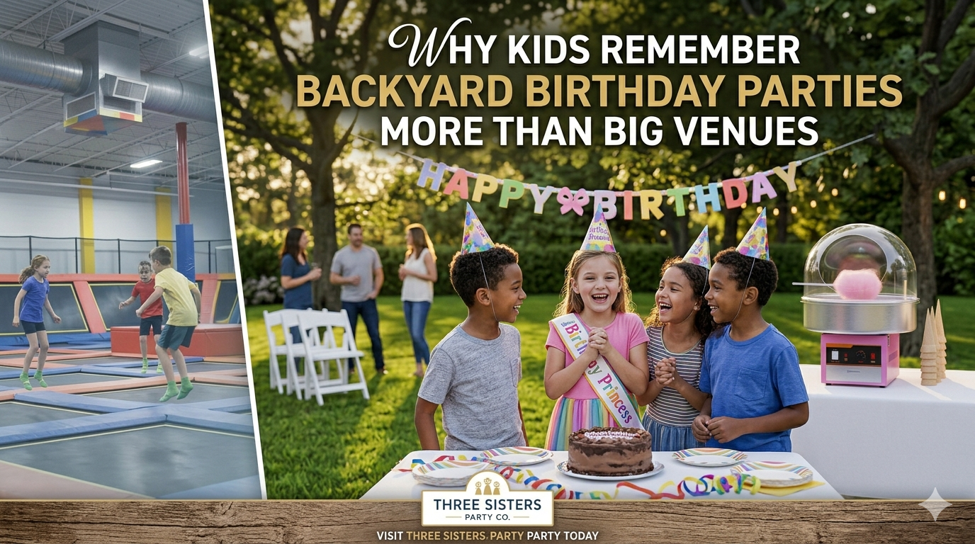 Split image comparing a trampoline park venue with kids jumping to a backyard birthday party with children laughing around a cake with a cotton candy machine and Happy Birthday banner in Colonie NY