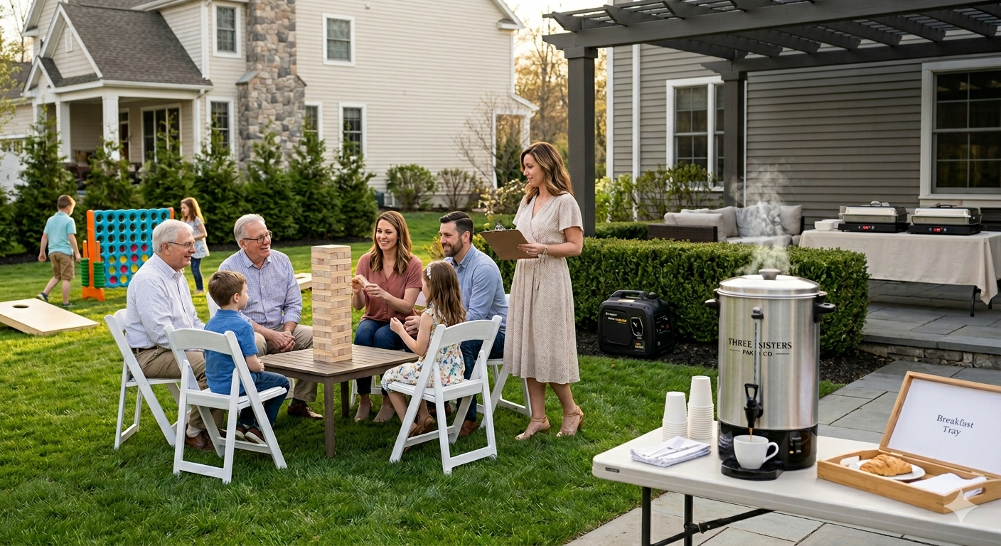 Family playing Giant Jenga at a backyard party in the Capital Region with coffee urn, generator, and backyard games setup