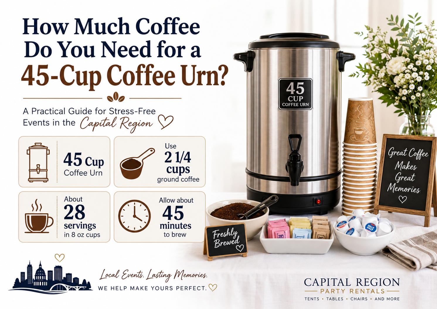 Infographic showing how much coffee a 45 cup coffee urn needs: 2 1/4 cups of ground coffee, about 28 servings in 8 ounce cups, and about 45 minutes to brew, for Capital Region parties.